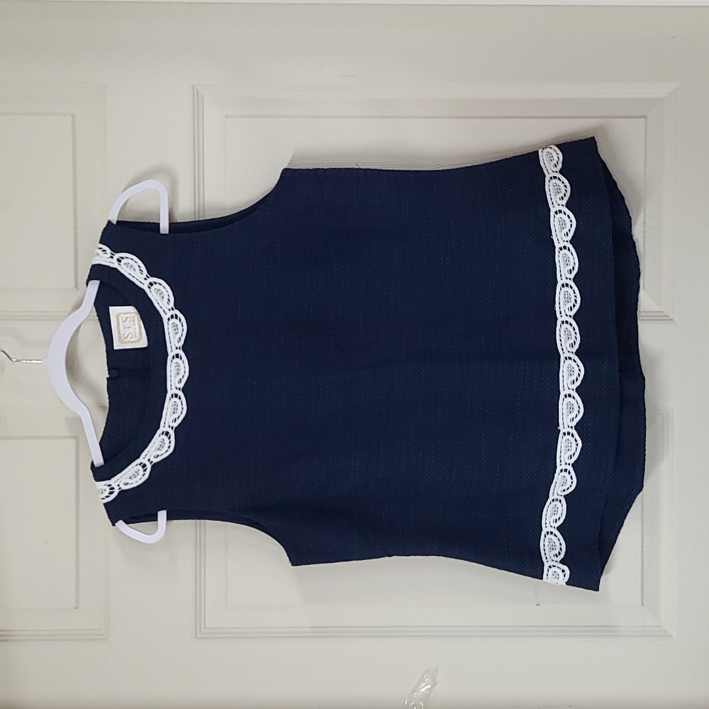 Navy Sleeveless Top with White Lace Trim